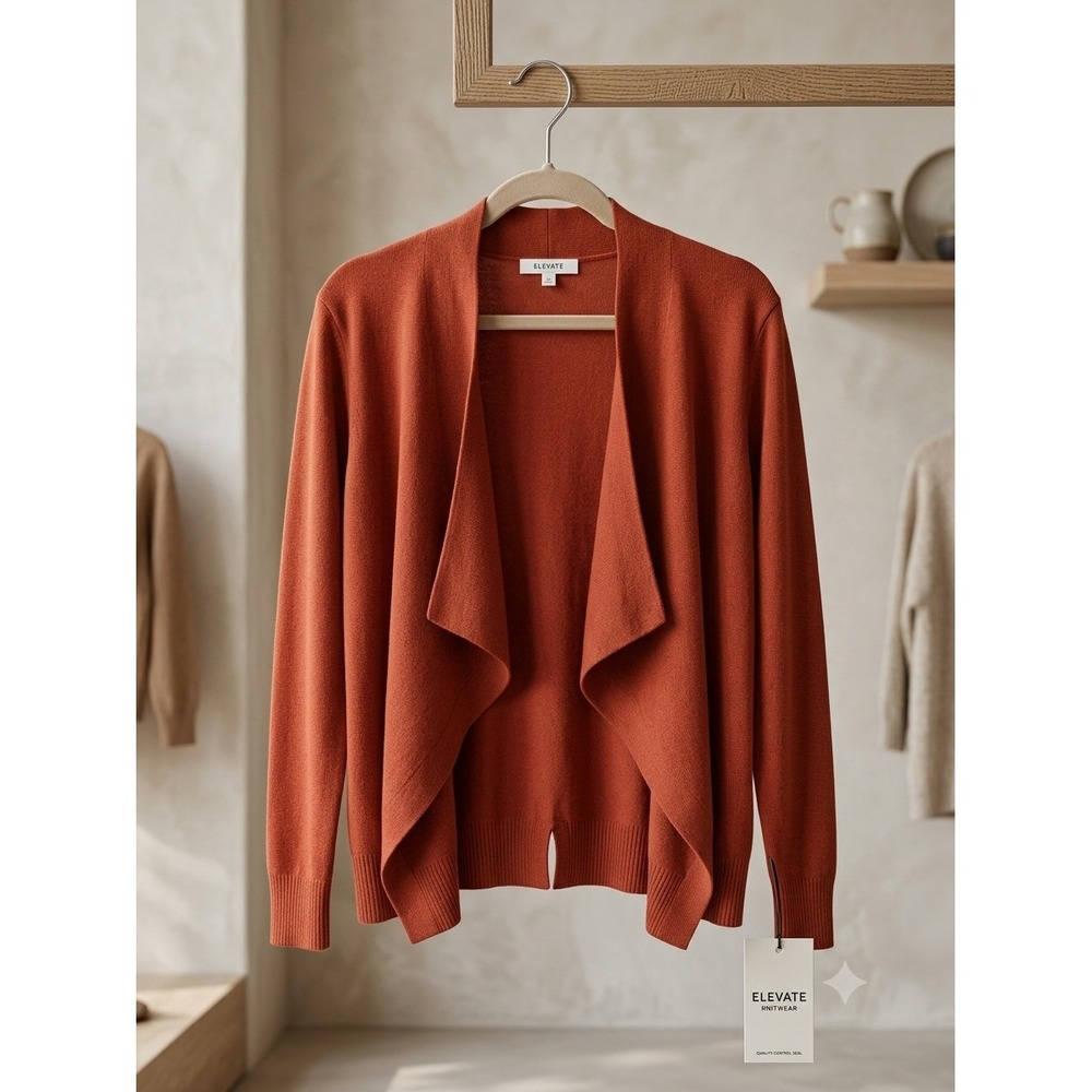 Vila Milano Women Rust Orange Draped Waterfall Open Front Cardigan Button Back S